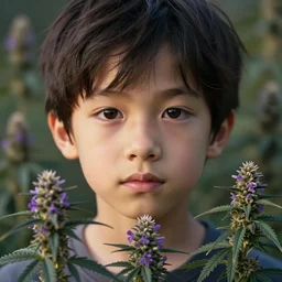 single kid symmetrical beauty face in focus purple flowers of marijuana hemp cannabis, behance hd, by jesper ejsing, by rhads, makoto shinkai, lois van baarle, ilya kuvshinov, rossdraws global illumination, golden ratio