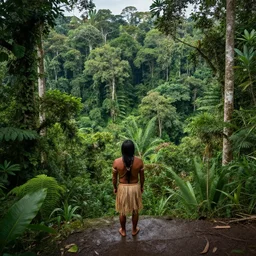 a lone amerindian overlooking a ledge towards the jungle below in dense amazon forest | highly detailed | very intricate | cinematic lighting | by asher brown durand and eddie mendoza | featured on artstation