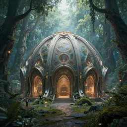 a dome shaped artificial futuristic building, in the middle of a magical fantasy forest, epic composition, intricate details, hyper detailed, 8 k, volumetric light, magical atmosphere