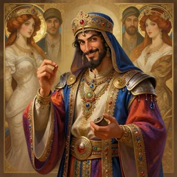 charming arabian ( ( ( tailor ) ) ), dressed in fine colorful robes and jewelry over fantasy armor, goatee, smirking, holding a magic needle and spool, fantasy art by barret frymire and artem priakhin and wenjun lin and greg rutkowski and alphonse mucha, artstation, matte, illustration, intricate, highly - detailed high resolution