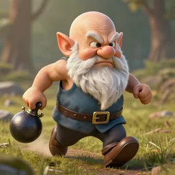 bald gnome big white beard, dagger, bomb, running, field, angry, hyper realism, cinematic, volumetric lighting, high detail, octane render, unreal engine, 8 k, depth of field, concept art, dnd, digital art, deviantart artstation, extremely detailed, very sharp, in the style of
