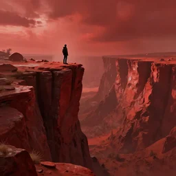 the precipice where dreams begin, science fiction digital art, highly detailed, crimson color theme, landscape by rodney matthews