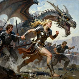 An oil painting of a beautiful blonde viking woman running into battle, dragon scale armor, aesthetic, by Frank Frazetta, Greg Rutkowski, Boris Vallejo, Neal Hanson, Christian MacNevin, epic fantasy character art, goddess of war, goddess of anger, high fantasy, Exquisite detail, post-processing, low angle, masterpiece, cinematic, colossal dragon in background