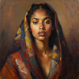 detailed portrait in daring femininity, ethnic, statuesque, confident realistic face, warm glow, bathed in morning light, chiaroscuro, painterly, radiosity, impressionism, textiles color medley, warm earthy natural color scheme with contrasting highlights, modern fashion, contemporary art, deep rich hues, oil on canvas