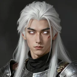 portrait of knight, white eyes, white long hair, scar on face, handsome, elegant, intricate, headshot, highly detailed, digital painting, artstation, concept art, sharp focus, illustration, art by artgerm and greg rutkowski and alphonse mucha