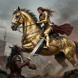 barbarian woman in gold armour atop a huge steed leans down and slashes at a demon with her sword