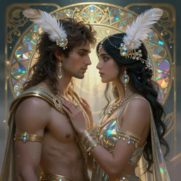 ancient greek and gypsy and indian culture crossover, male and female, ecopunk art nouveau background, iridescent and opalescent, twilight, refractive crystal, elegant, feather hair ornaments, highly detailed, digital painting, glowing particles, misty, cinematic lighting, god rays, smooth, sharp focus, art by nixeu, by wlop, by alphonse mucha.