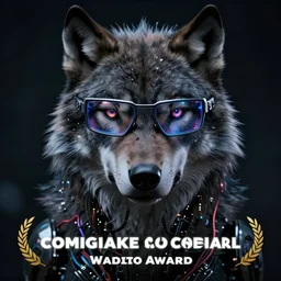 portrait of cybernetic wolf with cyberpunk glasses, reflective lens, mechanical parts, neon wires, dark fur, closeup portrait, editorial photography, award winning, establishing shot, dark mood, dark sci fi