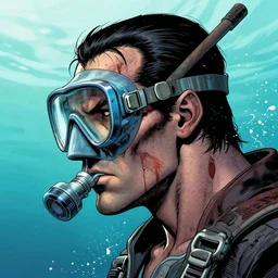 a profile photo of an evil man with a diving oxygen mask with side profile blood in ocean intricate details by MARVEL comics and Sandra Chevrier-C