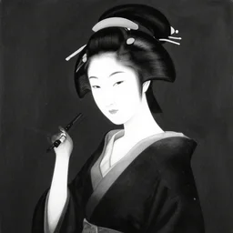 black and white painting of geisha by sergio toppi, by jeremi lipking, by etam cru, dark particles, brush strokes, white background, realistic faces, elegant, sharp focus, illustration, harmony, dynamic composition, masterpiece, pen, ink draw