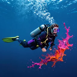 deep sea scuba diver swimming by josan gonzalez splash art graphic design color splash high contrasting art, fantasy, highly detailed, art by greg rutkowski