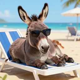 a donkey wearing cool sunglasses, the donkey is lying on a beach sun bed, digital art, amazing detail
