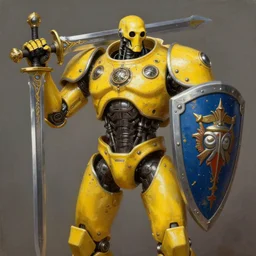 human-sized strong intricate yellow pit droid carrying very detailed perfect antique great sword and beautiful large paladin shield, pancake short large head, exposed metal bones, painterly humanoid mecha, slightly far away, by Greg Rutkowski, epic painting