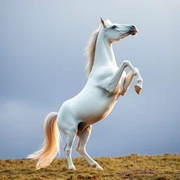 a white horse standing on its hind legs, rearing