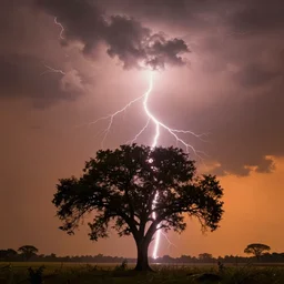 a beautiful photo of a close lightning striking a tree, sunset, orange sky, rain, serene, volumetric lighting, volumetric clouds, ultra detail, 8 k