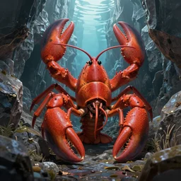 a giant lobster monster in a rocky chasm. dreamy fantasy art by greg rutkowski