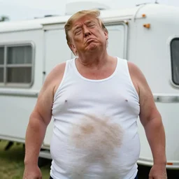 photo of fat trump in a trailer park wearing a dirty white wifebeater tank top visibly drunk