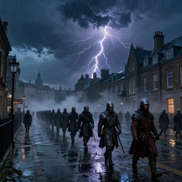a beautiful fantasy illustration of rainy victorian london at dusk by greg rutkowski, photoshop, zbrush, featured on artstation, screenshot from red dead redemption 2, thunderstorm and bolts of lightning, wet concrete, puddles of water, dramatic composition, dark night, dark blue hue, medieval soldiers marching, medieval soldiers marching, medieval soldiers marching, volumetric fog, vertical orientation