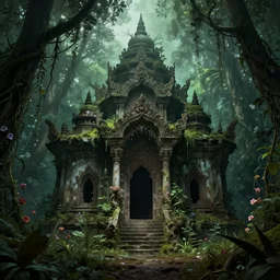 A sinister and abandoned temple, surrounded by vines and flowers, in a jungle, Lovecraft, horror, well detailed, 8k, by Thomas Kinkade and Albert Bierstadt