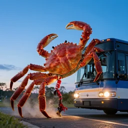 a gigantic crab attacks a bus, blue sky, summer evening, kenton nelson