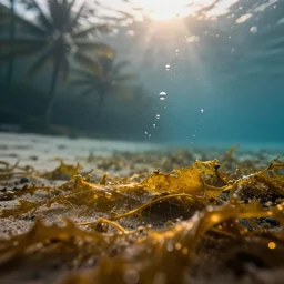 underwater beach with palmtrees seaweed air bubbles, golden hour, caustics, shallow depth of field, moody lighting, 8 k, concept art,