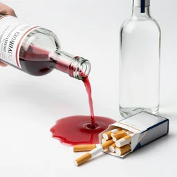 blood flows from a bottle of vodka, next to a pack of cigarettes, photo in color