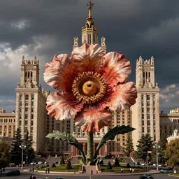 colossal Beelzebub flower in the middle of post soviet constructivist cityscape, Stalinist architecture, brutalist architecture, ultradetailed, Intricate by Giuseppe Arcimboldo and MC Esher and Wes Anderson and H.R. Giger
