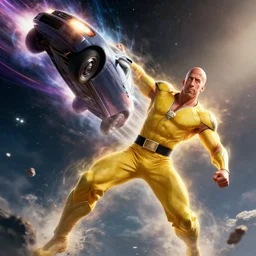 extreme wide shot of vin diesel as saitama!!! throwing!!! a car!!!!!!!!!! into space, ultra realistic, lens flare, atmosphere, glow, detailed, intricate, full of colour, cinematic lighting, trending on artstation, 4 k, hyperrealistic, focused, extreme details, unreal engine 5, cinematic, masterpiece