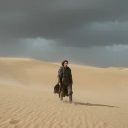 a cinematic wide angle shot of a man in his early twenties, in the 2 0 2 1 movie dune, the sand is in the form of a wave, stormy weather, dry, film still, cinematic, dramatic lighting, by zack snyder