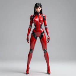full length complex 3 d hyper realistic smooth ultra sharp render of a gorgeous!! red and black latex wearing female cyborg, standing at ready | beatiful artificial girl | art by oh jinwook + 吵 集 仁 儿 on artstaion + takeshi obata + alphonse mucha + wlop + artgerm