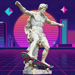greek marble statue riding a skateboard with vaporwave designs in the background, vibrant 9 0 s art