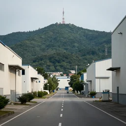 looking down a road with warehouses on either side. hill background with radio tower on top. telephoto lens compression.
