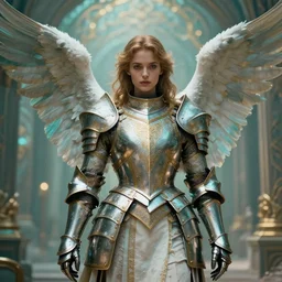 angel, big wings, low key light, full plate armor with cloth, f 1 6, bokeh, close up portrait, gentle, female, ornate city ruins, landscape, d & d, fantasy, intricate, elegant, highly detailed, teal white gold color palette, roger deakins, sharp focus, concept art, greg rutkowski and alphonse mucha