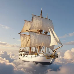 a beautiful digital painting of a white caravel flying in the clouds, birds in the sunlight, numerous golden ropes and intricated sails, blue sky at sunset, elegant, highly detailed, artstation, concept art, matte, sharp focus, art by tom bagshaw, kelogsloops and greg rutkowski