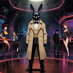 a man in a trench coat wearing a black rabbit mask standing in a cyberpunk club on the dance floor , film still from the an anime directed by Katsuhiro Otomo with art direction by Salvador Dalí, wide lens