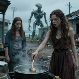 she makes the deep boil. dark fantasy story about two casually - dressed women in a dirty seaside town, a globster, and a beautiful song. color cinematic still from an action - packed 2 0 1 1 terrorizing!! hybridizing alien - robot invasion science - fiction blockbuster movie ; highly - detailed.