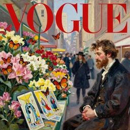 butterflies, flower market, new york city, vogue magazine, greg rutkowski, anime, john singer sargent, trending on artstation, oil painting, tarot, intricate