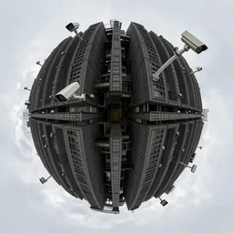 photo of a megastructure panopticon, photorealistic cctv cameras, higly detailed dark brutalist architechture, 3 6 0 picture, panorama, 3 5 mm slide, trending on flickr, in the style of tsutomu nihei, zachary corzine, zhelong xu
