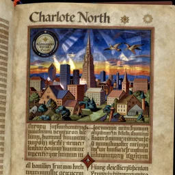illuminated medieval manuscript illustrated with a view of the Charlotte North Carolina skyline, in the style of the Book of Hours of Alexandre Petau