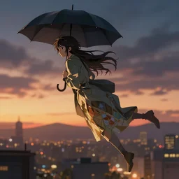 flying through city with umbrella, moody sunset, late night, detailed medium poly characters, by greg rutkowski, alphonse mucha, beeple, sharp focus, digital art, smooth, light refraction, pixiv art, volumetric lighting, makoto shinkai