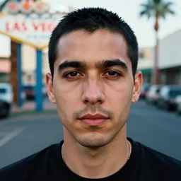 closeup portrait of Jerma in a Las vegas street, sus guy, jerma985, by Steve McCurry and David Lazar, natural light, detailed face, CANON Eos C300, ƒ1.8, 35mm, 8K, medium-format print