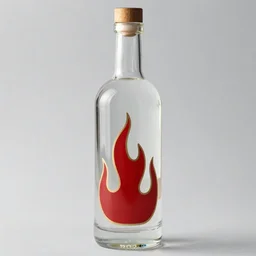 a glass vodka bottle with minimalistic retro flame fire designs in an enameling technique, 5 0. 0 mm