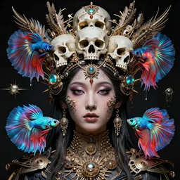 symmetrical, centered, goddess close-up portrait wigh crown made of skulls. phoenix betta fish, phoenix, bioluminiscent creature, super intricate ornaments artwork by Tooth Wu and wlop and beeple and Dan Flavin and Daniel Buren and greg rutkowski