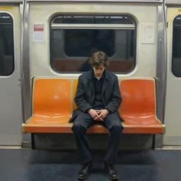 a beautiful painting of a lonely man sitting in a subway seat by artgerm, concept art, cinematic lighting