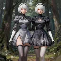 full body portrait of 2 b nier automata wearing a skintight dress in a forest, large thighs, perfect face, intricate, elegant, highly detailed, digital painting, artstation, smooth, sharp focus, illustration, art by artgerm and greg rutkowski and alphonse mucha, 8 k