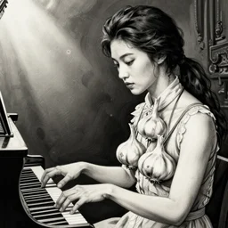 beethoven playing piano, graceful, elegant, and sophisticated young chinese model dressed as a bulb of garlic, an ultrafine detailed illustration by james jean, intricate linework, bright colors, final fantasy, behance contest winner, vanitas, angular, altermodern, unreal engine 5 highly rendered, global illumination, radiant light, detailed and intricate environment