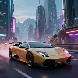 epic professional digital art of photorealistic synthwave lamborghini murcielago driving through neon cyberpunk futuristic city towers, mountains in background, detailed, intricate, sporty