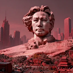 a sculpture of mao zedong's sculpture in cyberfunkcity a made of rocks by lois van baarle by sung choi by john kirby, highly detailed, hyperrealism, digital art, artstation, concept art, detailed and intricate environment, ultrawide shot, red color scheme