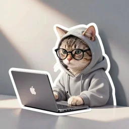 cat in hoodie and glasses sits at the laptop, digital art, sticker