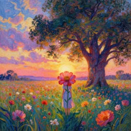 girl made from large flower, standing in flower field, surreal photography, big trees, sunrise dramatic light, impressionist painting, colorful clouds, digital painting, pointillism, artstation, simon stalenhag